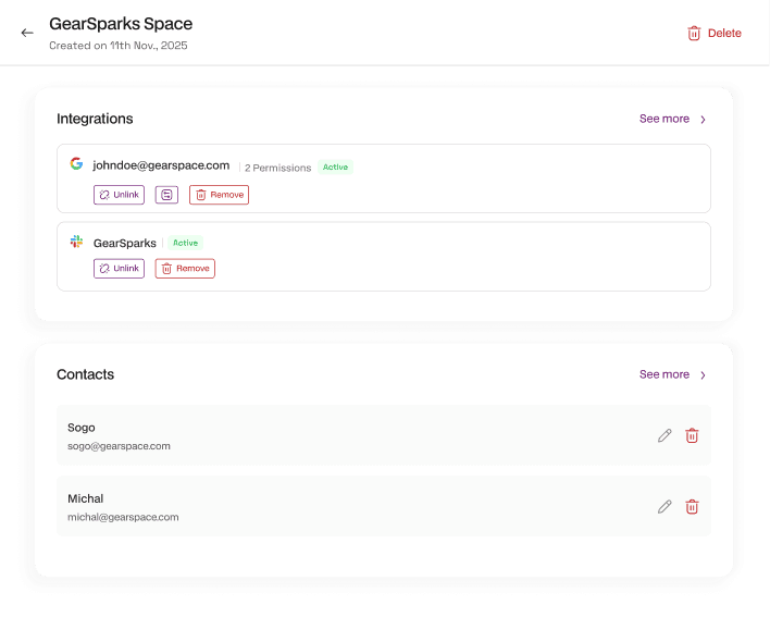 GearSparks Space settings with integrations and contacts